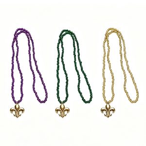 Purple Gold Green Mardi Gras seed Beads Necklace with Gold Fleur De Lis Charm