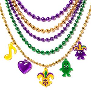 Purple Gold Green Mardi Gras Bead Necklace with Acrylic Charms