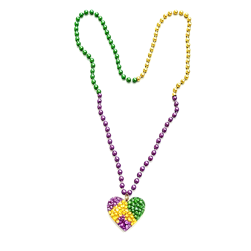 Purple Gold Green Mardi Gras Bead Necklace with Resin Heart Charms