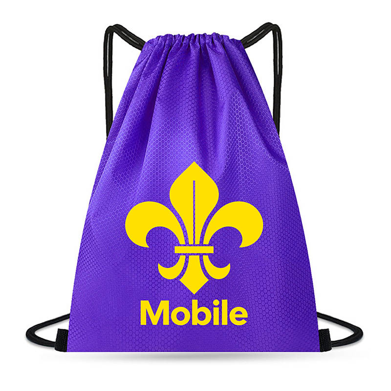 Purple Drawstring backpack with Mobile Fleur De Lis Logo