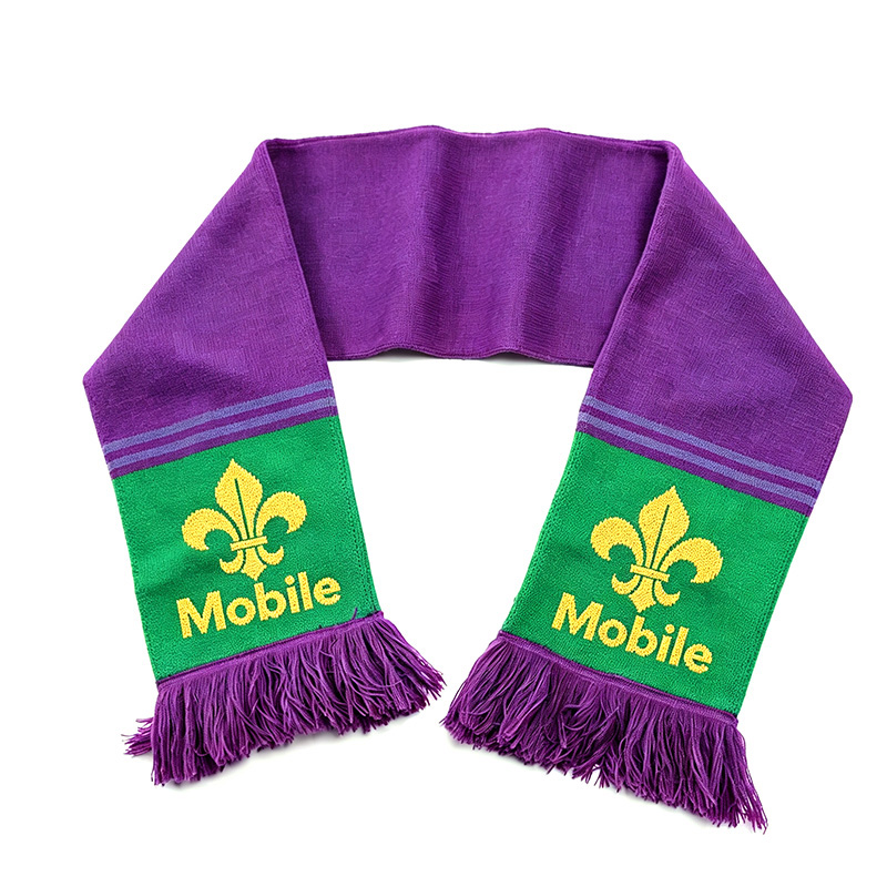 Purple Gold Green Knitted Mardi Gras Scarf with Mobile Fleur De Lis Logo