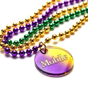 Purple Gold Green Mardi Gras Bead Necklace with Acrylic Mobile Charm