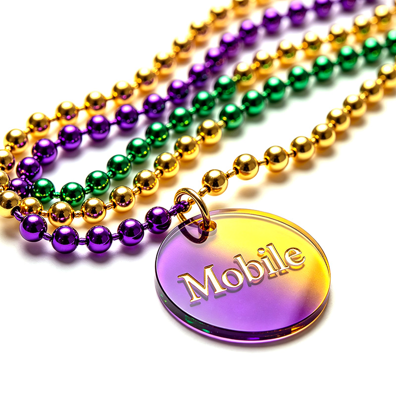 Purple Gold Green Mardi Gras Bead Necklace with Acrylic Mobile Charm