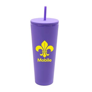 Purple Plastic Tumbler Cup with Mobile Fleur De Lis Logo Print