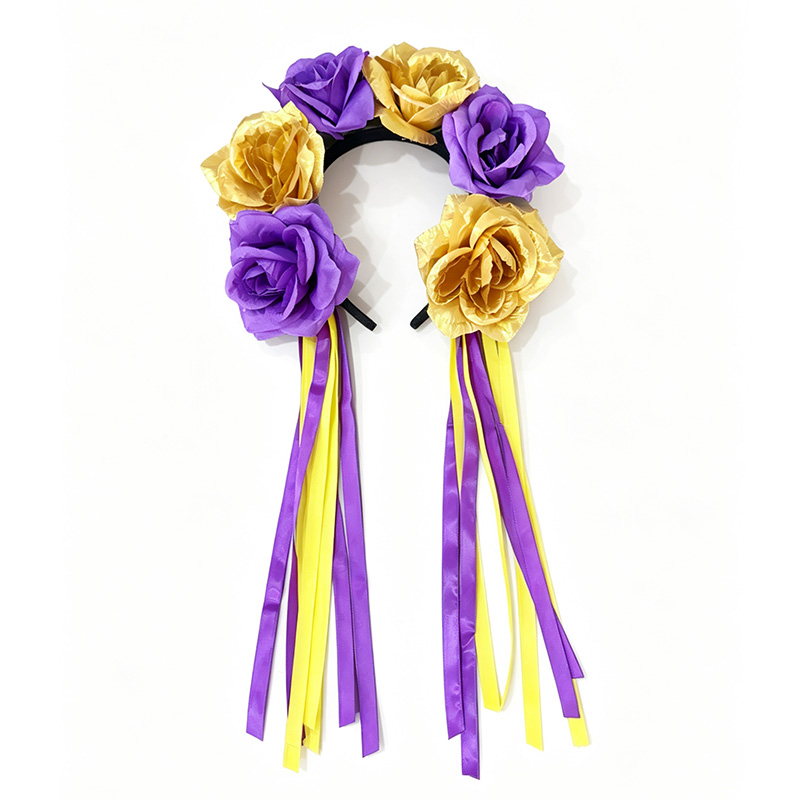Purple Gold Flower Headband with Hanging Ribbons